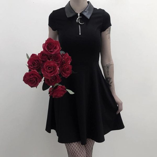 women black gothic slim thin dress moom zipper leather neck pleated casual dress short sleeve dresses summer lady vitage dress, Black;gray
women black gothic slim thin dress moom zipper leather neck pleated casual dress short sleeve dresses summer lady vitage dress, Black;gray