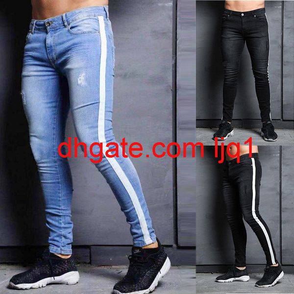 men's trendy new style jeans with knee holes, Blue