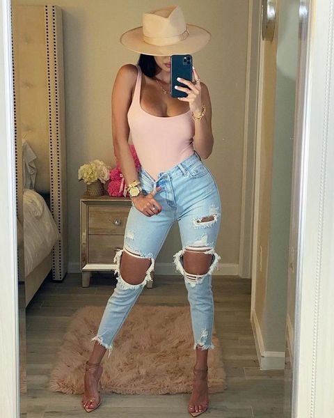 ripped jeans pencil trousers women high waist casual high street denim holes straight pants, Blue
ripped jeans pencil trousers women high waist casual high street denim holes straight pants, Blue