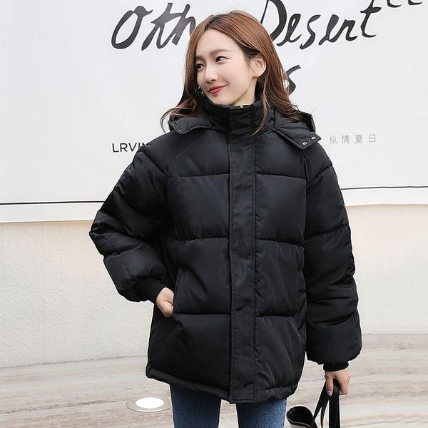 women's winter down jackets plus size solid loose women coats hooded stand collar oversized korean style thick casual outerwear, Black 
women's winter down jackets plus size solid loose women coats hooded stand collar oversized korean style thick casual outerwear, Black