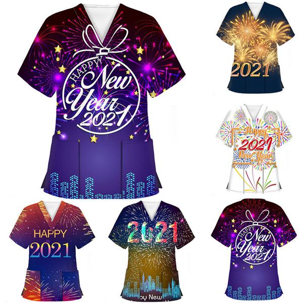 2021 new year women clothing fireworks pattern v neck nurse shirts casual pullover short sleeve women top, White