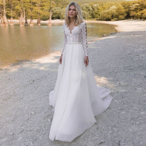 2021 new long sleeves lace wedding custom sheer scoop neck pearls belt bohemian bridal gown vestido de noiva vp8r, White
2021 new long sleeves lace wedding custom sheer scoop neck pearls belt bohemian bridal gown vestido de noiva vp8r, White