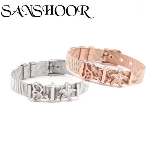 charm bracelets drop sanshoor jewelry diy ocean starfish heart slide charms fit 10mm stainless steel mesh bracelet set as fashion gift1, Golden;silver