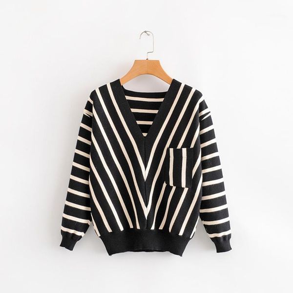 women striped sweater autumn 2019 new fashion pocket v-neck pullovers modern lady loose 1, White;black
women striped sweater autumn 2019 new fashion pocket v-neck pullovers modern lady loose 1, White;black