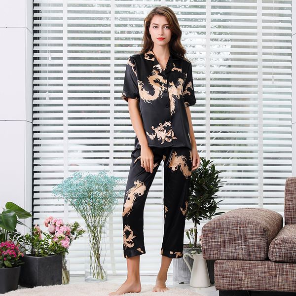 women's pajamas set spring autumn satin turn down collar short sleeve 2pcs sleepwear dragon print ladies casual home suit female, Black;red
women's pajamas set spring autumn satin turn down collar short sleeve 2pcs sleepwear dragon print ladies casual home suit female, Black;red