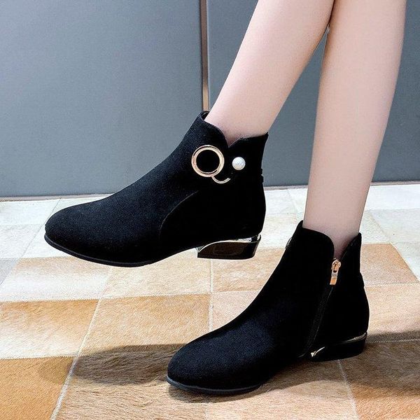 short boots women's winter thick heel matte boots pointed toe side zipper casual warm round buckle women's q11-54, Black
short boots women's winter thick heel matte boots pointed toe side zipper casual warm round buckle women's q11-54, Black