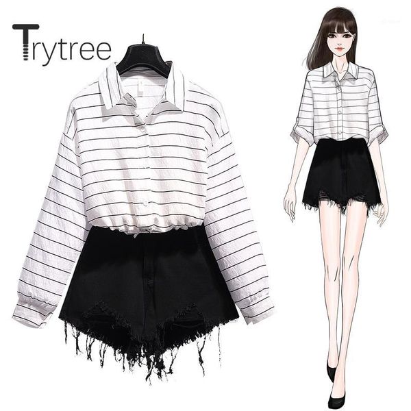trytree 2020 spring woman two piece set casual turn-down collar stripe blouse + short solid black tassel pockets 2 piece set1, White
trytree 2020 spring woman two piece set casual turn-down collar stripe blouse + short solid black tassel pockets 2 piece set1, White