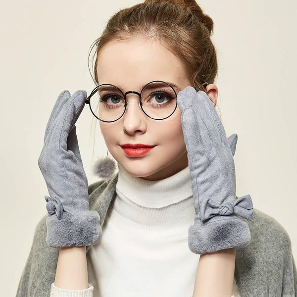 five fingers gloves elegant ladies with bows women warm winter mittens female screen, Blue;gray