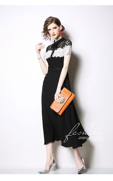 s l xl xxl new summer 2020 women long dress short sleeve black and white lace slim a line mid calf with bow office lady, Black;gray
s l xl xxl new summer 2020 women long dress short sleeve black and white lace slim a line mid calf with bow office lady, Black;gray