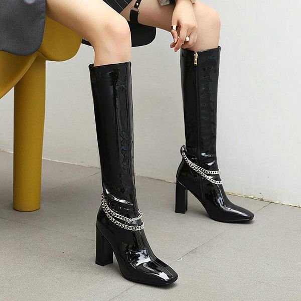 2020 autumn winter fashion chain patent leather knee high boots women zipper thick high heel long boots ladies square toe shoes, Black
2020 autumn winter fashion chain patent leather knee high boots women zipper thick high heel long boots ladies square toe shoes, Black