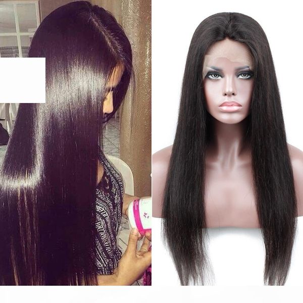 pre plucked glueless silk base lace frontal wigs human hair light straight brazilian non remy 130 density, Black 
pre plucked glueless silk base lace frontal wigs human hair light straight brazilian non remy 130 density, Black