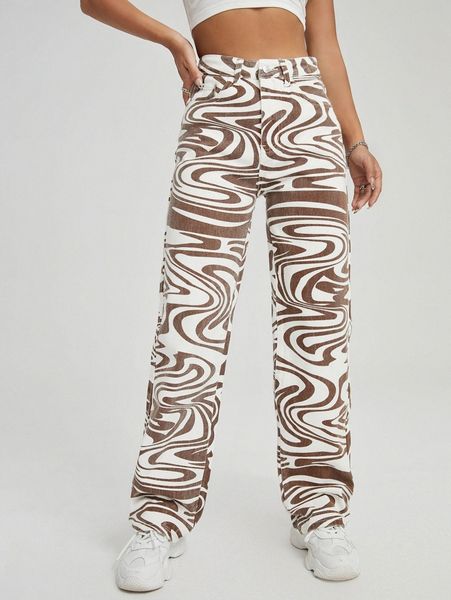 high waist allover print straight jeans q2ne#, Blue
high waist allover print straight jeans q2ne#, Blue