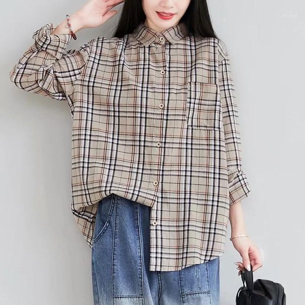 women spring autumn blouse shirts fashion vintage lapel collar long sleeve plaid loose cotton shirts chic art style basic 1, White
women spring autumn blouse shirts fashion vintage lapel collar long sleeve plaid loose cotton shirts chic art style basic 1, White