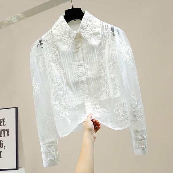 women's blouses & shirts sweet doll collar lace shirt blouse crocheted mesh long sleeve pleated single breasted elegant thin sunscreen, White
women's blouses & shirts sweet doll collar lace shirt blouse crocheted mesh long sleeve pleated single breasted elegant thin sunscreen, White