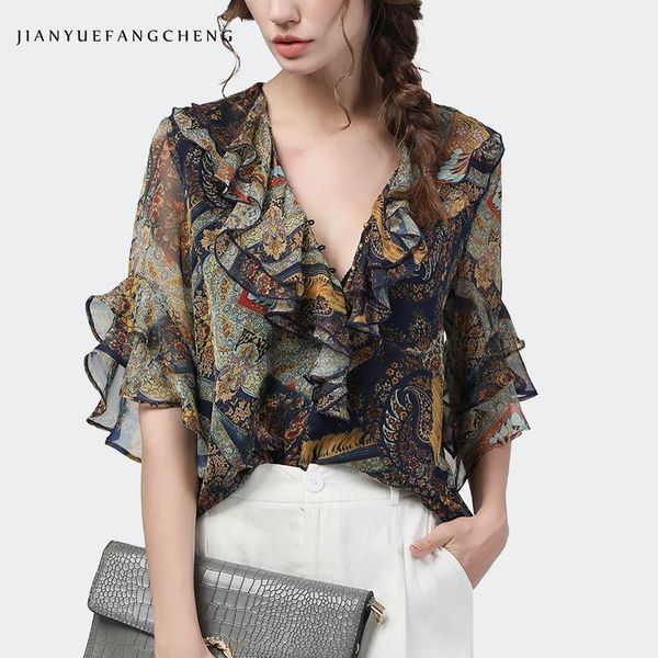 fashion women summer printed chiffon blouse ruffles half sleeve v-neck loose plus size long tail ladies casual blouses, White
fashion women summer printed chiffon blouse ruffles half sleeve v-neck loose plus size long tail ladies casual blouses, White