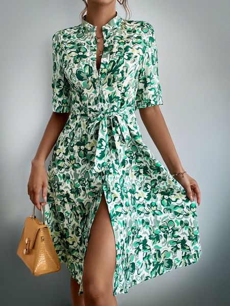 allover floral print belted shirt dress j4vp#, Black;gray