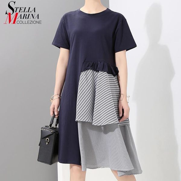 new 2018 women summer clothing blue black patchwork striped dress short sleeve knee length girls unique wear dresses style 70981, Black;gray 
new 2018 women summer clothing blue black patchwork striped dress short sleeve knee length girls unique wear dresses style 70981, Black;gray