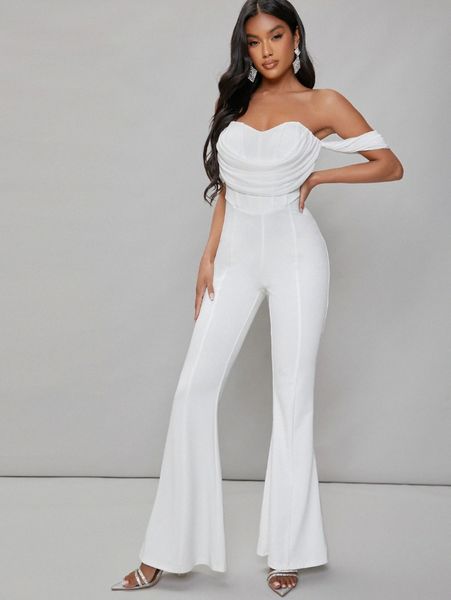 off shoulder seam front flare leg jumpsuit j0jy#, White