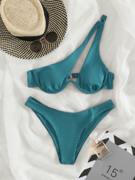 rib underwire one shoulder bikini swimsuit u84w#, White;black 
rib underwire one shoulder bikini swimsuit u84w#, White;black