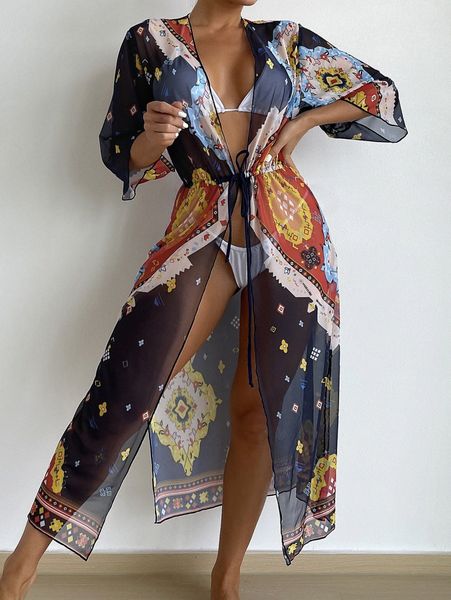 allover print tie front kimono 22ct#, White;black 
allover print tie front kimono 22ct#, White;black