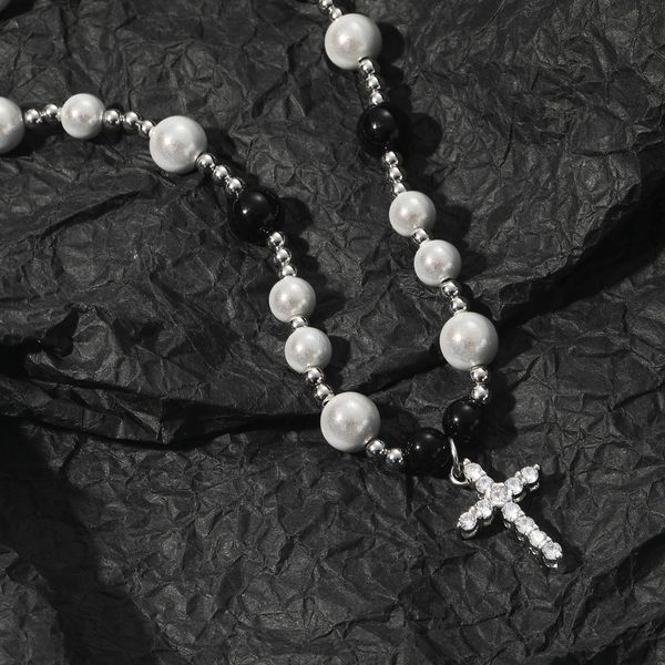 new fashion european and american hip hop necklace black and white reflective pearl cross necklace stainless steel abs pearl men's clav, Silver
new fashion european and american hip hop necklace black and white reflective pearl cross necklace stainless steel abs pearl men's clav, Silver