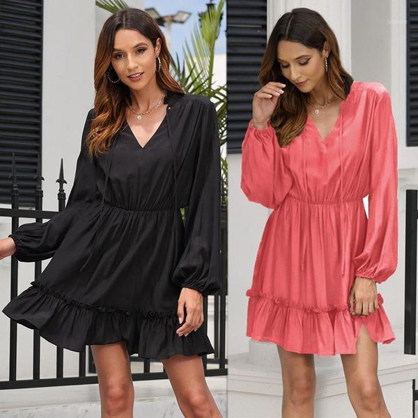 european and american women's dress v-neck loose solid color waist hugging long-sleeved dress1, Black;gray
european and american women's dress v-neck loose solid color waist hugging long-sleeved dress1, Black;gray