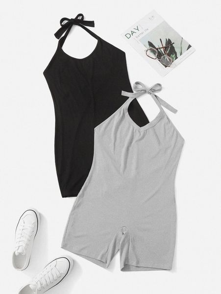 plus 2pcs tie back halter romper g6lp#, Black
