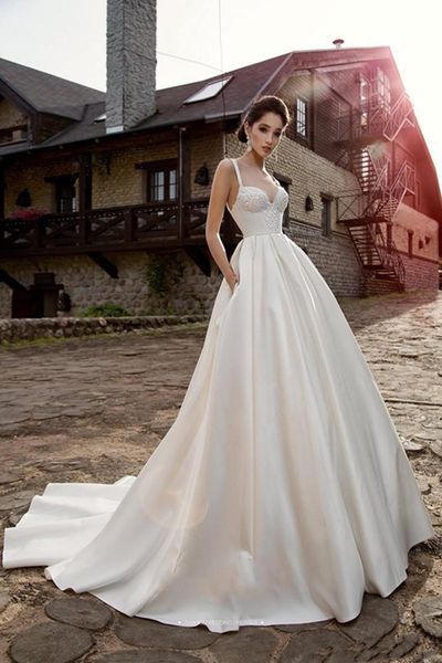 2020 a line satin beach wedding dresses spaghetti sweep train backless lace appliques simple country bridal gowns custom made wedding dress, White
2020 a line satin beach wedding dresses spaghetti sweep train backless lace appliques simple country bridal gowns custom made wedding dress, White
