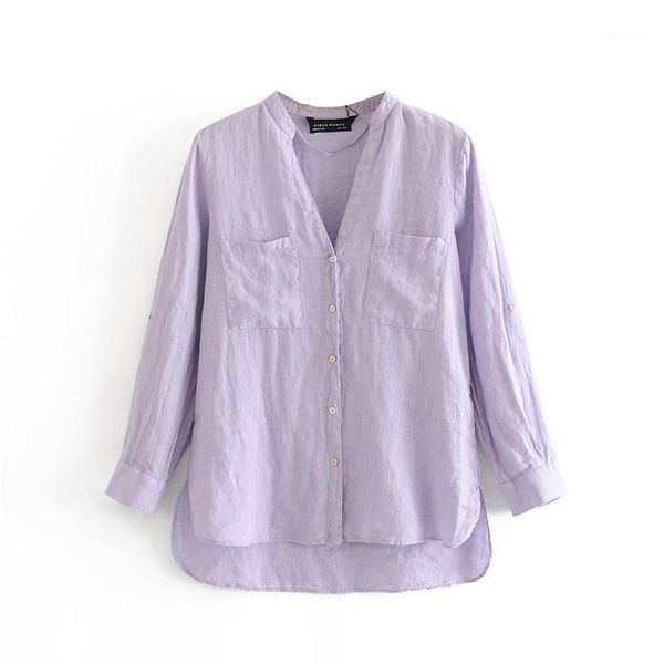 2020 summer new product small stand collar long sleeve was thin pocket decoration linen purple shirt female1, White
2020 summer new product small stand collar long sleeve was thin pocket decoration linen purple shirt female1, White