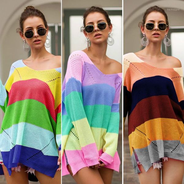 cnessd 2020 spring summer new woman knitted sweater new rainbow color matching loose long-sleeved pullover sweater t021, White;black
cnessd 2020 spring summer new woman knitted sweater new rainbow color matching loose long-sleeved pullover sweater t021, White;black