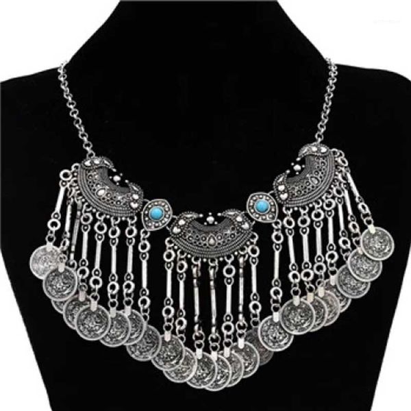 pendant necklaces bohemian fringe coin collar necklace female double-layer retro gold carved jewelry.1, Silver