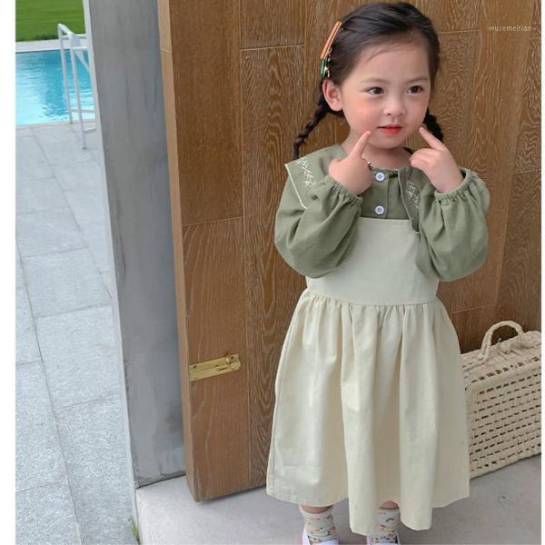 clothing sets 2021 autumn girls fashion 2 pieces suit long sleeve blouse+overalls dress kids clothes1, White