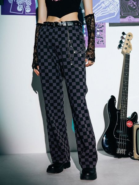 romwe checkerboard straight leg pants d4i7#, Blue
