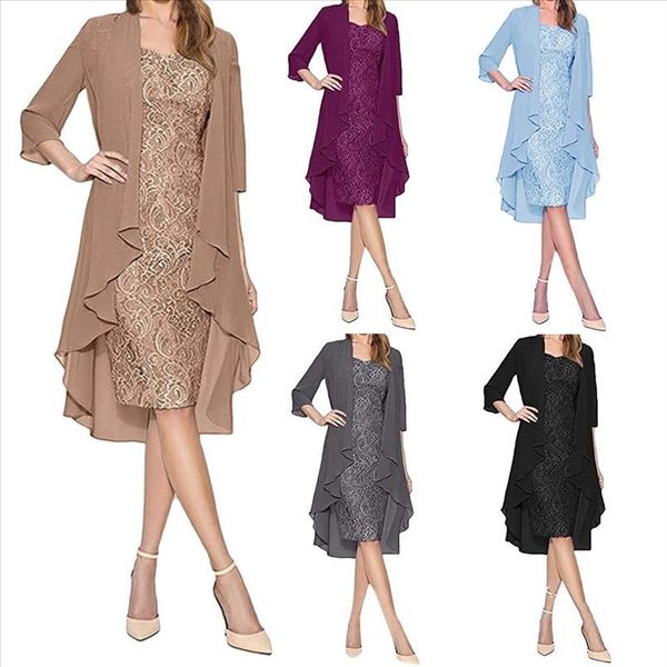 summer 2021 womens fashion two pieces charming solid color mother of the bride lace o neck cardigan solid dresses 5s, Black;gray
summer 2021 womens fashion two pieces charming solid color mother of the bride lace o neck cardigan solid dresses 5s, Black;gray
