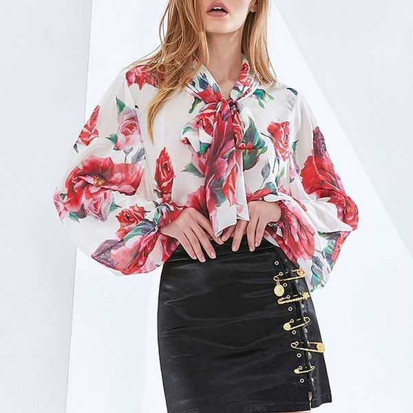 european and american spring latest rose print chiffon bow tie loose shirt, White
european and american spring latest rose print chiffon bow tie loose shirt, White