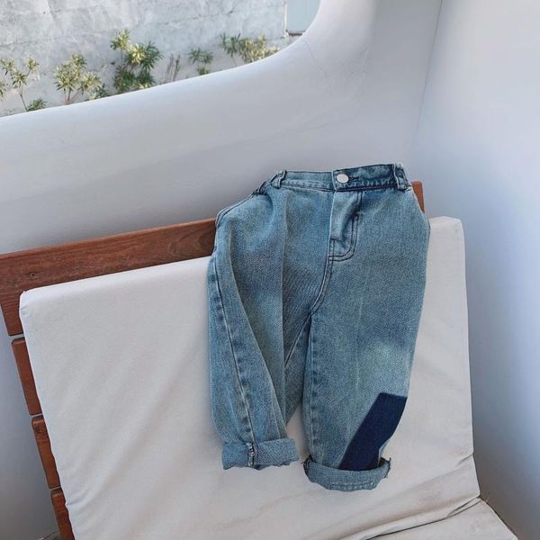80-130 cm spring autumn girls boys cool jeans pant baby kids children casual denim trousers, Blue