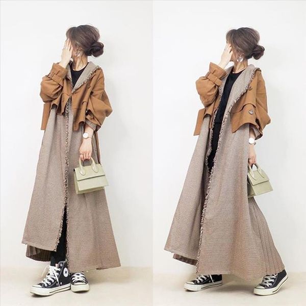women harajuku mid length trench coat japan korea style loose chic trendy fashion casual spring autumn female fake two overcoat, Tan;black
women harajuku mid length trench coat japan korea style loose chic trendy fashion casual spring autumn female fake two overcoat, Tan;black