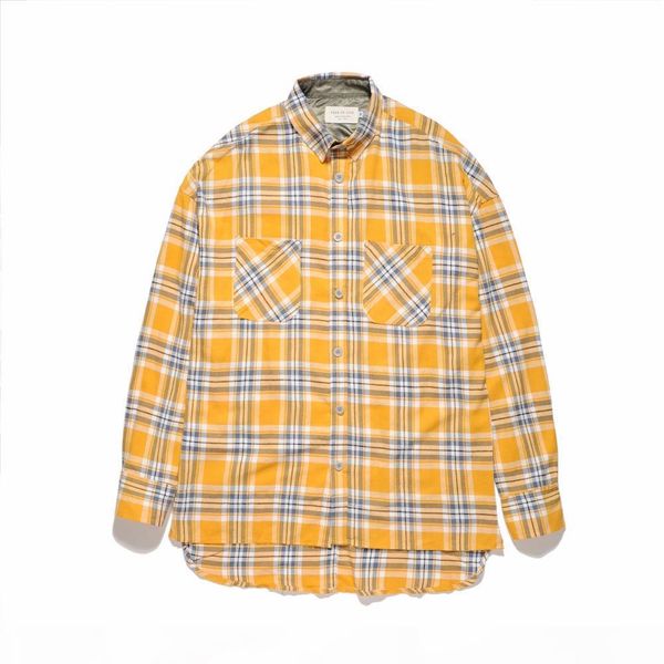 

justin bieber fear of god flannel scotland grid long sleeve shirts hiphop extended curved hem oversized men shirt red yellow, White;black