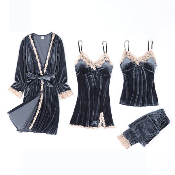 4pcs/lot women velvet pajamas set robe sets fashion nightgown sleepwear nightdress slings+trousers autumn winter homewear #f1, Black;red