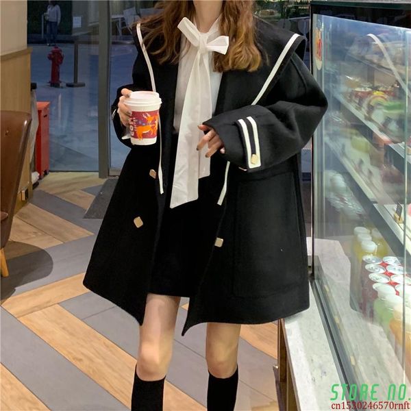 women's wool & blends spring autumn navy lapel woolen coat female mid-long korean style outerwear faux coats, Black
women's wool & blends spring autumn navy lapel woolen coat female mid-long korean style outerwear faux coats, Black