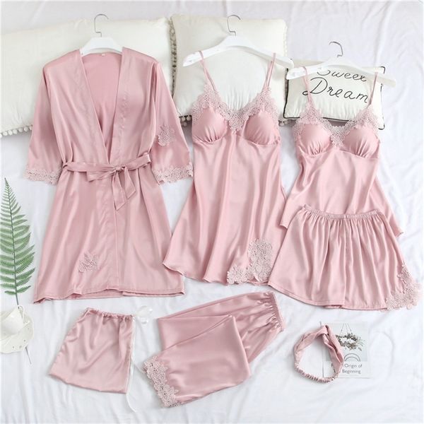 7 pcs silk satin women pajama set pant lace pijamas women sleepwear summer home wear pijama for women with chest pad 935 y200708, Black;red
7 pcs silk satin women pajama set pant lace pijamas women sleepwear summer home wear pijama for women with chest pad 935 y200708, Black;red