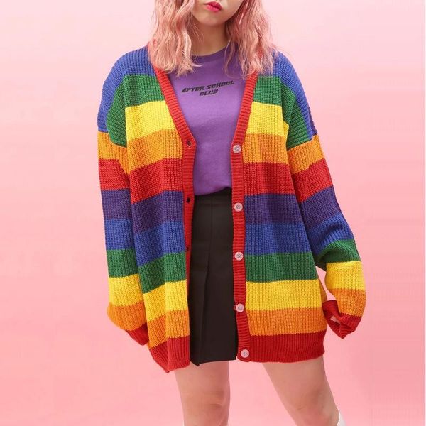 women's knits & tees 2021 autumn harajuku cardigan women striped rainbow slim sweater coat female loose sweaters letter embroidery jump, White
women's knits & tees 2021 autumn harajuku cardigan women striped rainbow slim sweater coat female loose sweaters letter embroidery jump, White