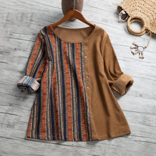 women's blouses & shirts autumn vintage women blusas striped print spliced buttom blouse loose plus size 5xl corduroy casual femininas, White
women's blouses & shirts autumn vintage women blusas striped print spliced buttom blouse loose plus size 5xl corduroy casual femininas, White