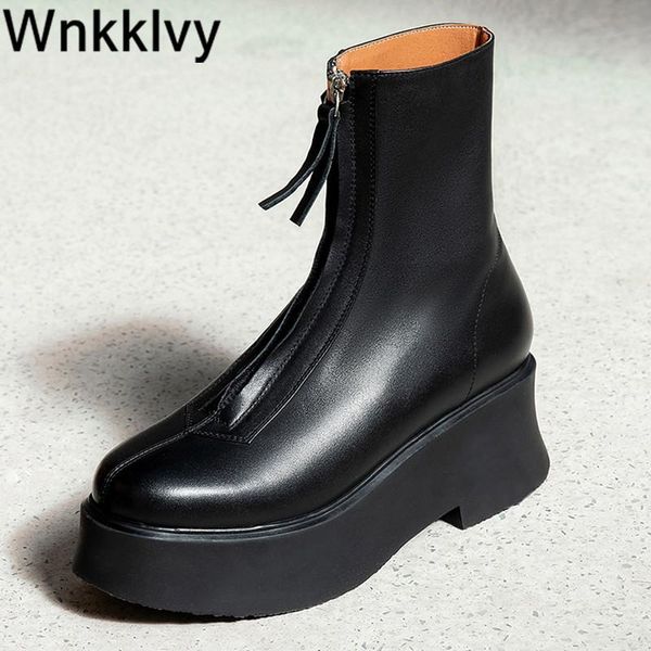 women platform wedge heel martin boots autumn winter ankle boots round toe short botas front zipper 2020 runway design shoes, Black
women platform wedge heel martin boots autumn winter ankle boots round toe short botas front zipper 2020 runway design shoes, Black