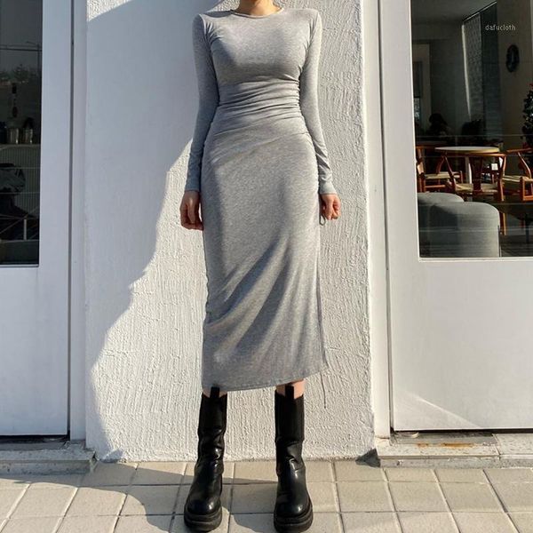 women solid color maxi dress fashion autumn and winter adults long sleeve round neck ruched slit clothes for daily1, Black;gray
women solid color maxi dress fashion autumn and winter adults long sleeve round neck ruched slit clothes for daily1, Black;gray
