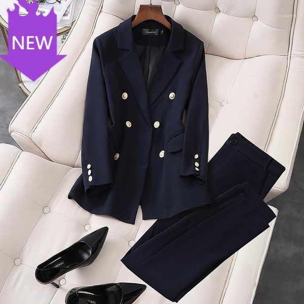 women's two piece pants 2 sets double breasted blazer jacket & trousers suit for women set s-5xl 2021 elegant office work wear pant sui, White 
women's two piece pants 2 sets double breasted blazer jacket & trousers suit for women set s-5xl 2021 elegant office work wear pant sui, White