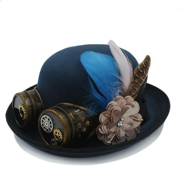 women men fedora hat 100% handwork steampunk bowler hat gear glasses magic cosplay bailey fashion halloween party caps1, Blue;gray
women men fedora hat 100% handwork steampunk bowler hat gear glasses magic cosplay bailey fashion halloween party caps1, Blue;gray