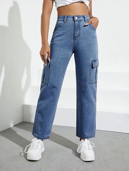 high waist flap pocket cargo jeans g8jd#, Blue
high waist flap pocket cargo jeans g8jd#, Blue