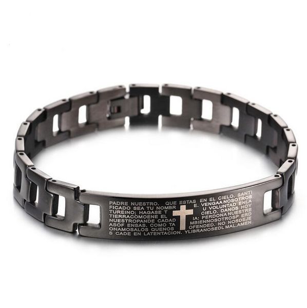 fashion men jewelry black stainless steel hand bracelet spanish bible cross / pattern design men link chain bracelets bangle
fashion men jewelry black stainless steel hand bracelet spanish bible cross / pattern design men link chain bracelets bangle
