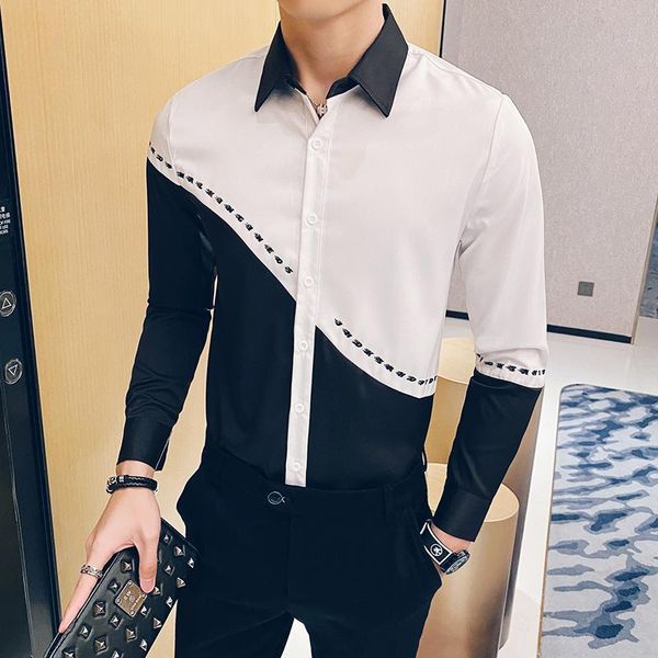 black white patchwork casual men shirt long sleeve slim fit dress shirts korean streetwear social tuxedo camisa masculina, White;black
black white patchwork casual men shirt long sleeve slim fit dress shirts korean streetwear social tuxedo camisa masculina, White;black